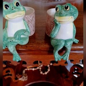 Green Frog Ceramic Planters Set Vintage 50s